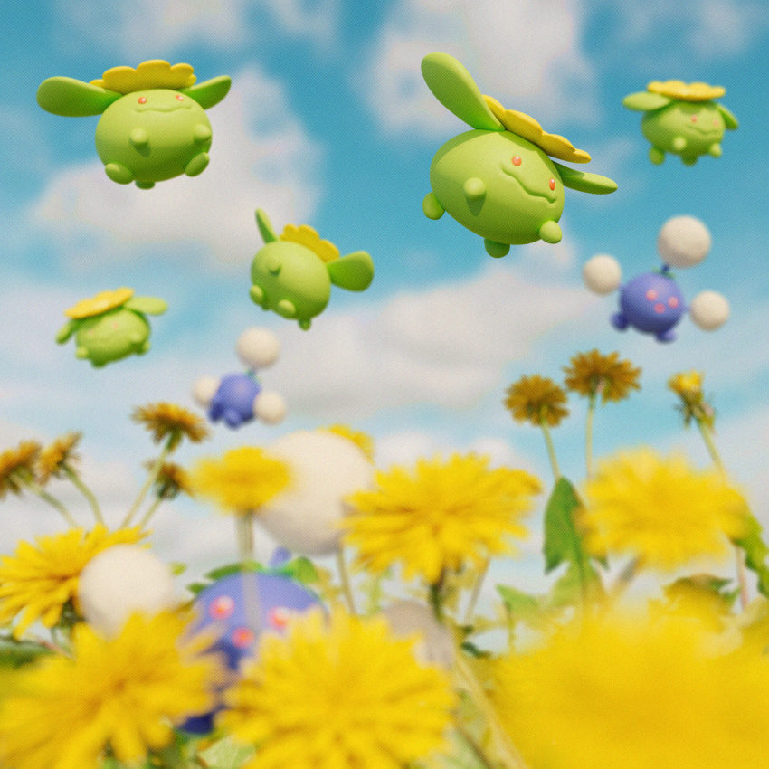 3d blurry blurry_foreground clouds commentary dandelion day english_commentary flower highres jumpluff no_humans outdoors pokemon pokemon_(creature) skiploom vxcl yellow_flower