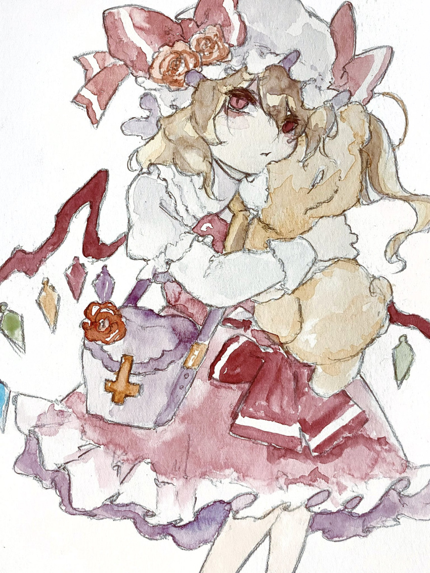 1girl bag blonde_hair closed_mouth feet_out_of_frame flandre_scarlet flower frilled_skirt frills hair_between_eyes handbag hat highres holding holding_stuffed_toy layered_sleeves long_sleeves looking_at_viewer medium_hair mob_cap multicolored_wings one_side_up painting_(medium) pout puffy_short_sleeves puffy_sleeves purple_bag red_eyes red_flower red_rose red_skirt red_vest rose shirt short_over_long_sleeves short_sleeves simple_background skirt solo stuffed_animal stuffed_toy teddy_bear touhou traditional_media vest watercolor_(medium) white_background white_headwear white_shirt wings yanyanman