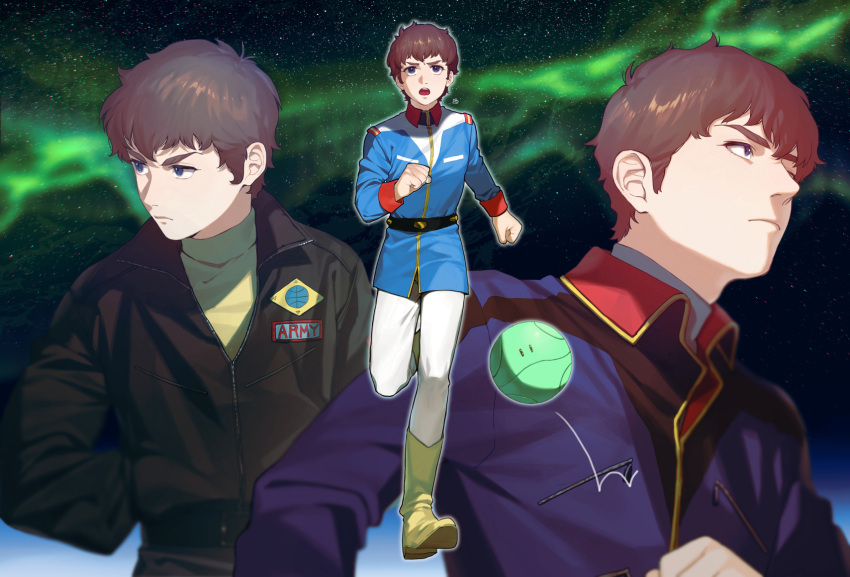 1boy age_progression amuro_ray aurora belt black_belt black_jacket blue_eyes blue_jacket boots brown_hair char's_counterattack closed_mouth collared_jacket commentary_request gundam hands_in_pockets haro highres jacket long_sleeves looking_to_the_side male_focus military_jacket mobile_suit_gundam multiple_views non-humanoid_robot open_mouth pants robot running shirt short_hair star_(sky) upper_body ususio_11 v-shaped_eyebrows white_pants yellow_footwear yellow_shirt zeta_gundam