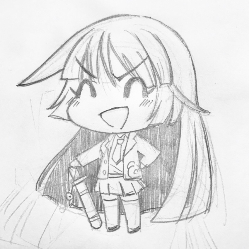 1girl :d ^_^ blunt_bangs chibi closed_eyes full_body graphite_(medium) hand_on_weapon highres long_hair necktie open_mouth photo_(medium) protagonist_2_(housamo) school_uniform sidelocks skirt smile solo sword thigh-highs tokyo_afterschool_summoners traditional_media uden_(udeden_odon) v-shaped_eyebrows weapon