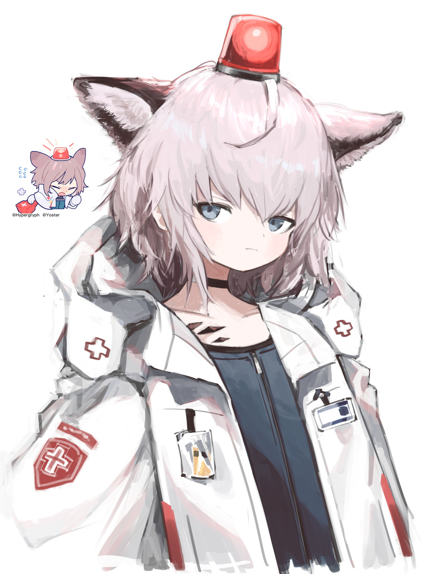 1girl absurdres animal_ear_fluff animal_ears arknights arms_at_sides black_choker black_jacket choker closed_mouth coat commentary_request copyright expressionless fox_ears grey_eyes grey_hair highres hood hood_down ic_(iccccccccc81) jacket light looking_at_viewer name_tag object_on_head official_art_inset open_clothes open_coat oripathy_lesion_(arknights) rotating_light short_hair simple_background solo sussurro_(arknights) upper_body white_background white_coat zipper