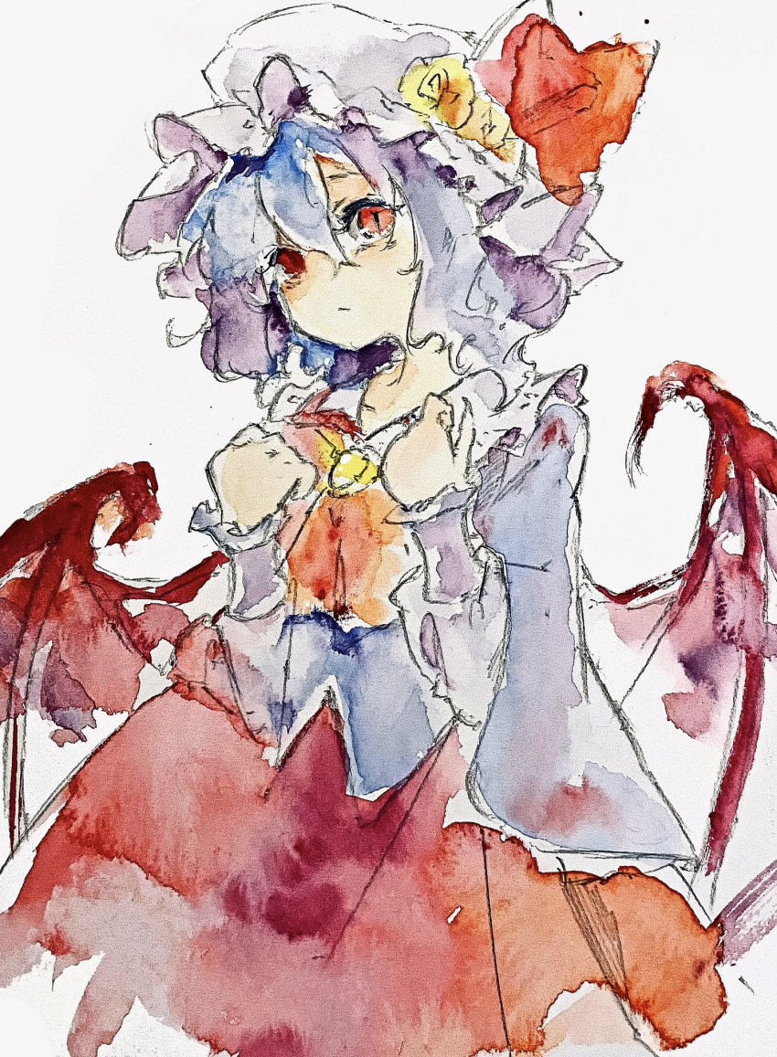 1girl blue_capelet blue_hair bow brooch capelet closed_mouth cowboy_shot graphite_(medium) hands_up hat hat_bow highres jewelry long_sleeves looking_at_viewer mob_cap painting_(medium) puffy_long_sleeves puffy_sleeves red_bow red_eyes red_skirt remilia_scarlet shirt short_hair skirt slit_pupils solo touhou traditional_media vampire watercolor_(medium) white_shirt yanyanman