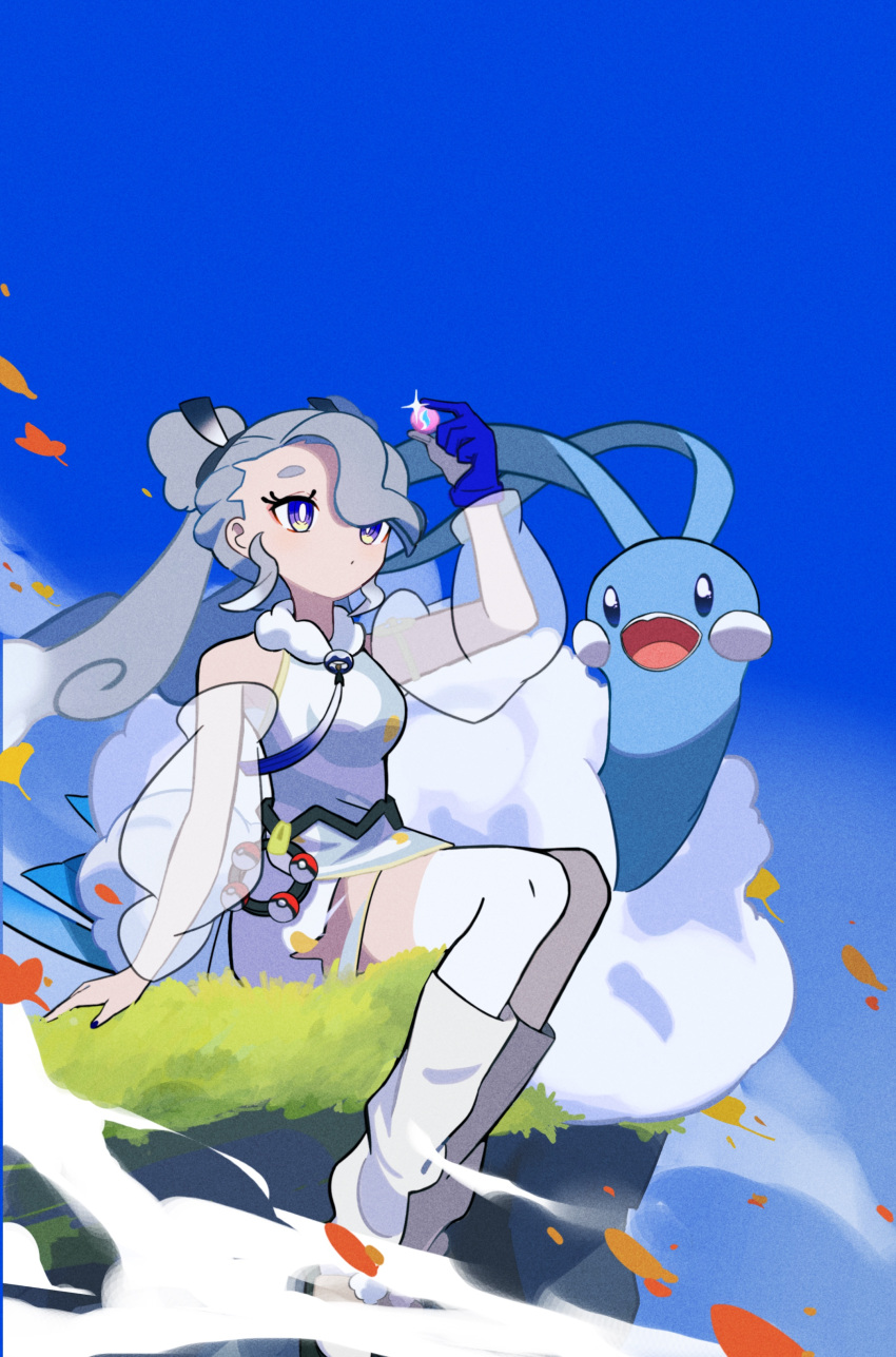 1girl absurdres altaria arm_support arm_up bare_shoulders black_nails blue_eyes boots bright_pupils closed_mouth commentary_request day eyelashes flying_miku_(project_voltage) glint grey_hair hatsune_miku highres holding holster long_hair makkusu_(max071500) nail_polish outdoors poke_ball poke_ball_(basic) pokemon pokemon_(creature) project_voltage see-through see-through_sleeves sitting sky sleeveless thigh-highs twintails vocaloid white_pupils white_thighhighs