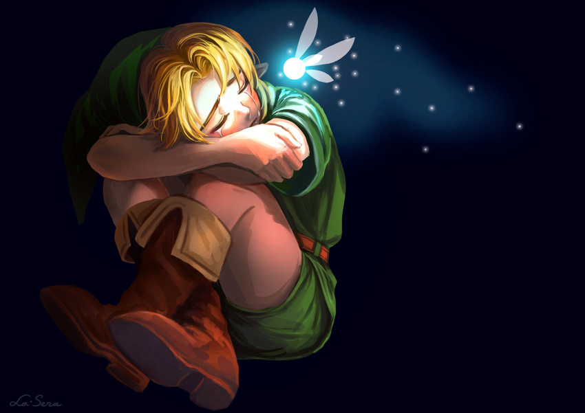1boy black_background blonde_hair boots brown_footwear closed_eyes commentary crying english_commentary fairy green_headwear green_tunic highres knees_up la-sera link male_focus navi parted_lips pointy_ears signature sitting solo the_legend_of_zelda the_legend_of_zelda:_ocarina_of_time young_link