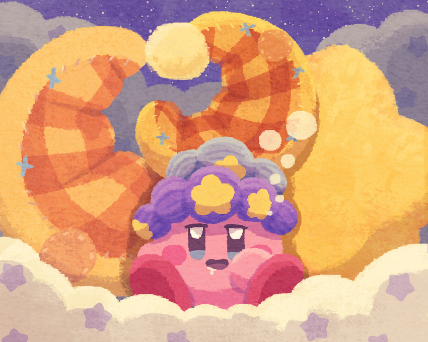 clouds copy_ability crescent crescent_pillow kirby kirby_(series) kirby_and_the_forgotten_land looking_at_viewer miclot night night_sky no_humans open_mouth pink_footwear saliva shoes sky sleep_bubble sleep_kirby smile star_pillow stuffed_toy