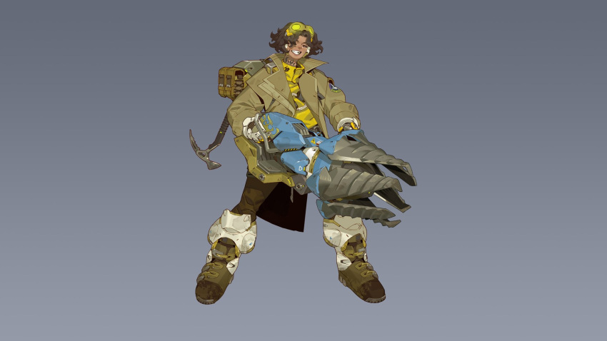 1other brown_hair brown_pants concept_art dark_skin english_commentary full_body goggles goggles_on_head highres holding holding_weapon long_sleeves neck_tattoo official_art overwatch overwatch_2 pants shirt simple_background smile solo tattoo weapon yellow_shirt