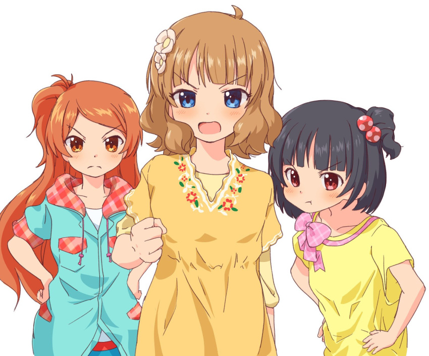 3girls ahoge angry aqua_jacket black_hair blue_eyes bow brown_hair checkered_bow checkered_clothes clenched_hand commentary_request dot_nose drawstring dress flat_chest floral_print flower hair_bobbles hair_flower hair_ornament hands_on_own_hips highres hood hooded_jacket idolmaster idolmaster_million_live! jacket light_blush long_hair long_sleeves looking_at_viewer medium_hair multiple_girls nakatani_iku ogami_tamaki open_mouth orange_eyes orange_hair pink_bow pout print_dress red_eyes rulyuzevcpalyo shirt short_hair short_sleeves side_ponytail sidelocks suou_momoko upper_body v-shaped_eyebrows wavy_hair white_background yellow_dress yellow_shirt