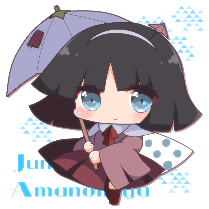 1other amanomiya_jun androgynous black_hair blue_eyes blunt_bangs blunt_ends boots bow bowtie cape character_name chibi closed_mouth clothes_lift collared_cape commentary_request eyelashes hairband hakama hakama_skirt highres holding holding_umbrella japanese_clothes len'en light_blush long_sleeves looking_at_viewer ougi_hina patch pink_shirt polka_dot_cape purple_umbrella red_bow red_bowtie red_footwear red_hakama red_skirt rubber_boots shirt short_hair skirt skirt_lift smile solo triangle_background umbrella umbrella_hair_ornament white_background white_cape white_hairband wide_sleeves
