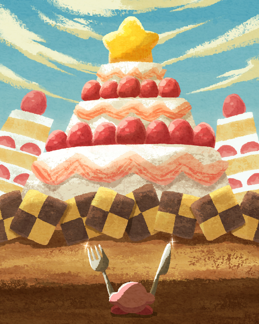 cake checkerboard_cookie clouds cookie food food_focus fork fruit glint highres holding holding_fork holding_knife kirby kirby_(series) knife miclot no_humans pink_footwear shoes strawberry