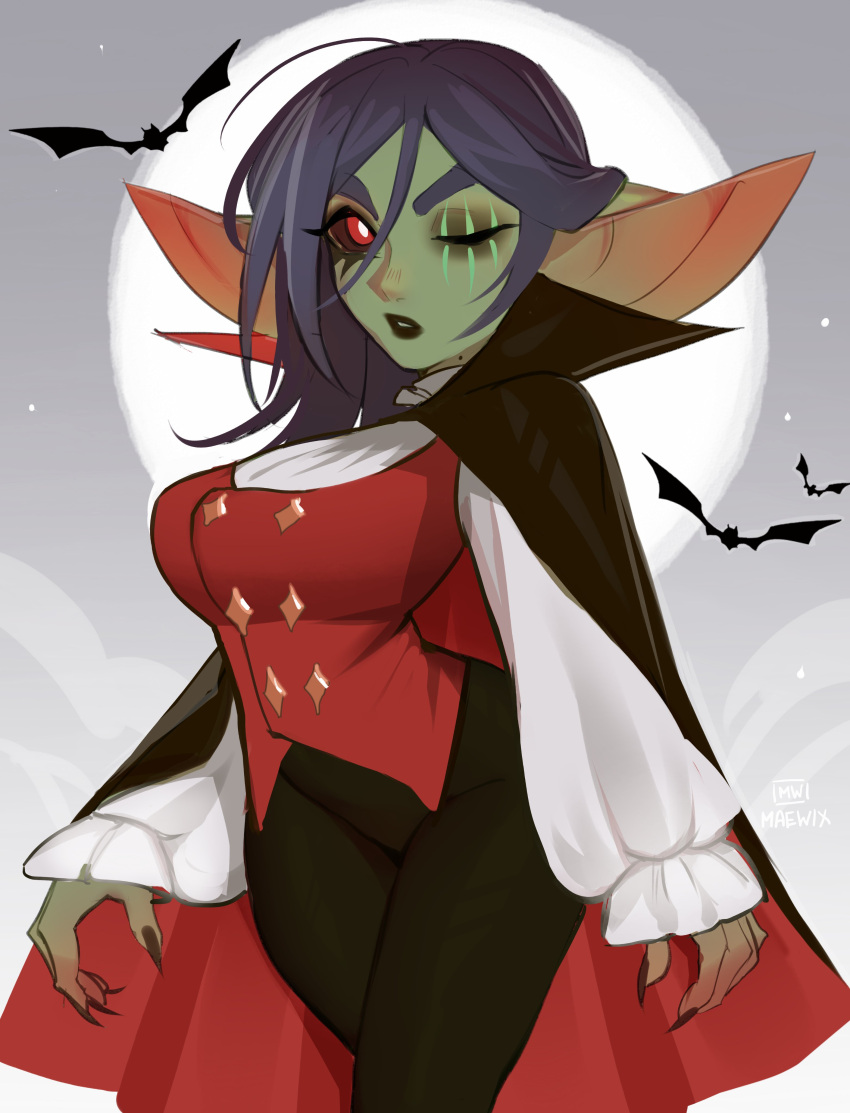 1girl absurdres bat_(animal) black_cape black_hair black_pants black_sclera breasts cape colored_sclera colored_skin female_goblin goblin green_skin highres large_breasts long_hair looking_at_viewer maewix_(artist) one_eye_closed original pants pointy_ears puffy_sleeves red_cape red_eyes red_vest scar scar_across_eye shirt solo two-sided_cape two-sided_fabric vest white_shirt