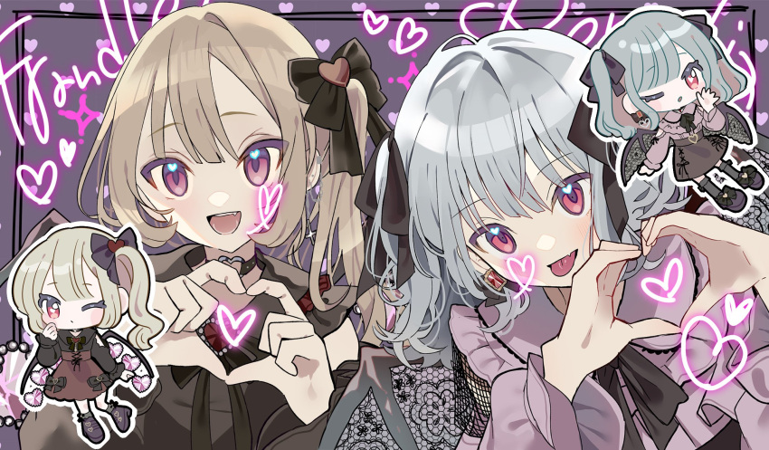 2girls alternate_costume black_ribbon blonde_hair flandre_scarlet hair_ribbon heart heart_hands highres multiple_girls one_eye_closed one_side_up open_mouth remilia_scarlet ribbon siblings sisters tamagogayu1998 tongue tongue_out touhou two_side_up