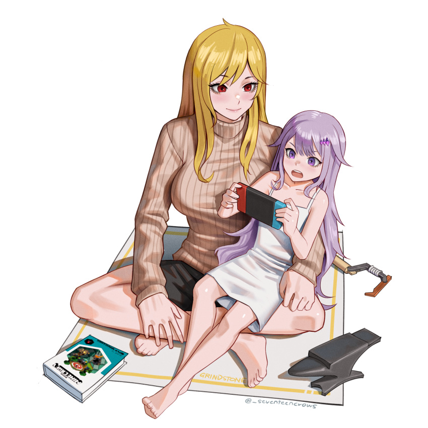 2girls absurdres anvil bare_shoulders barefoot black_shorts blonde_hair blush book breasts brown_sweater butterfly_sitting child collarbone dress english_text feet flat_chest full_body gem gem_hair_ornament hair_flaps hair_ornament handheld_game_console highres holding holding_handheld_game_console hololive hololive_english hololive_indonesia kaela_kovalskia koseki_bijou large_breasts long_hair looking_at_another multiple_girls nintendo_switch open_mouth purple_hair red_eyes ribbed_sweater seventeencrows short_dress shorts sidelocks simple_background sitting sitting_on_person smile sweater teeth tongue turtleneck turtleneck_sweater twitter_username upper_teeth_only very_long_hair violet_eyes virtual_youtuber wavy_hair white_dress wrench