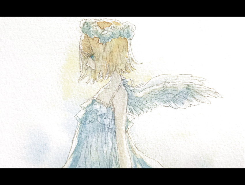 1girl angel_wings bare_arms bare_shoulders camisole collarbone dress feathered_wings flat_chest flower_wreath frilled_camisole frilled_dress frills from_side head_wreath highres kagamine_rin looking_down medium_hair painting_(medium) pale_skin profile seki_(kreuz4360) skinny solo spaghetti_strap swept_bangs traditional_media vocaloid watercolor_(medium) wings