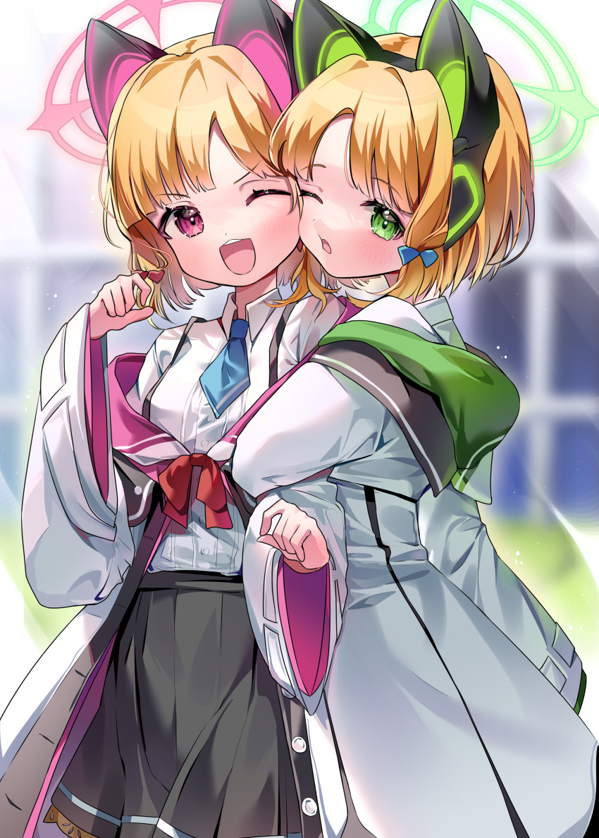 2girls absurdres animal_ear_headphones animal_ears black_skirt blonde_hair blue_archive blue_bow blue_necktie blush bow breasts collared_shirt fake_animal_ears green_eyes green_halo hair_bow halo headphones highres jacket long_sleeves midori_(blue_archive) momoi_(blue_archive) multicolored_clothes multicolored_jacket multiple_girls necktie nyaruin one_eye_closed open_mouth pink_halo pleated_skirt red_bow red_eyes shirt short_hair siblings sisters skirt small_breasts smile twins two-tone_jacket white_jacket white_shirt