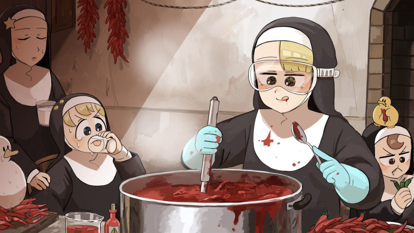 4girls bird blonde_hair blue_eyes brown_eyes brown_hair catholic chicken chili_pepper closed_eyes clumsy_nun_(diva) cooking cooking_pot diva_(hyxpk) duck duckling english_commentary froggy_nun_(diva) goggles habit highres little_nuns_(diva) multiple_girls nun spicy_nun_(diva) spoon star_nun_(diva) tongue tongue_out traditional_nun yellow_eyes