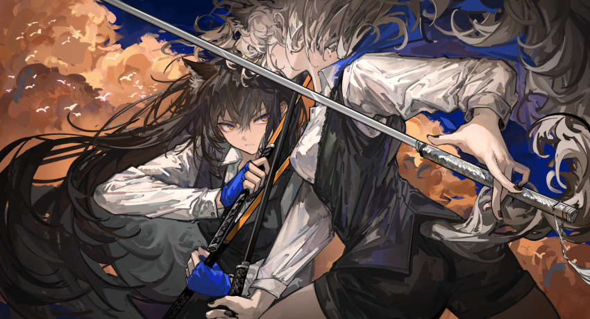 2girls animal_ears arknights black_hair black_nails black_shorts black_vest blue_gloves collared_shirt dress_shirt dual_wielding extra_ears fighting fingerless_gloves gloves highres holding holding_sword holding_weapon lappland_(arknights) long_hair long_sleeves multiple_girls naijiaer orange_eyes shirt shorts sword tail texas_(arknights) texas_the_omertosa_(arknights) very_long_hair vest weapon white_hair white_shirt wolf_ears wolf_girl wolf_tail