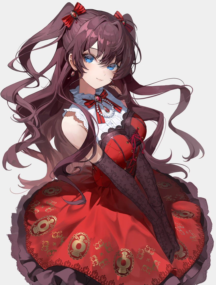 1girl bare_shoulders blue_eyes bow bowtie brooch brown_gloves brown_hair chyoel closed_mouth commentary dress earrings elbow_gloves gem gloves grey_background hair_bow highres ichinose_shiki idolmaster idolmaster_cinderella_girls jewelry long_hair looking_at_viewer own_hands_together red_bow red_bowtie red_dress red_gemstone shirt simple_background sleeveless sleeveless_dress sleeveless_shirt smile solo symbol-only_commentary twintails white_shirt