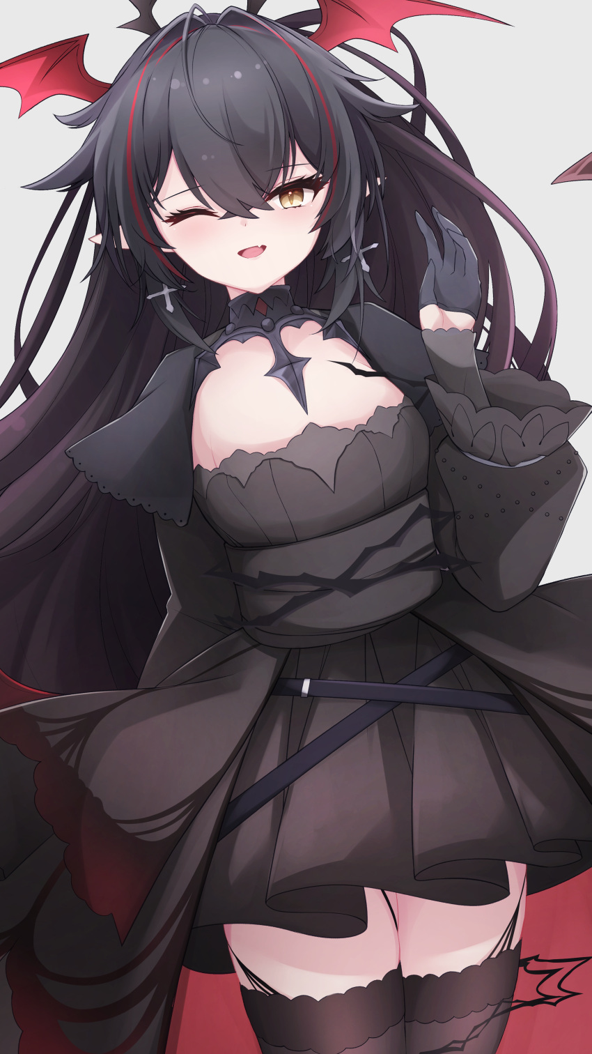 1girl ;d absurdres arm_behind_back azur_lane black_dress black_gloves black_hair blush cross cross_earrings demon_wings dress earrings fang gloves hair_between_eyes hand_up head_wings highres jewelry legs_together long_hair looking_at_viewer multicolored_hair official_alternate_costume one_eye_closed osatou_(soul_of_sugar) pleated_dress red_wings redhead slit_pupils smile solo standing streaked_hair thigh-highs thighs two-tone_hair very_long_hair waving waving_arm wide_sleeves wings yellow_eyes z24_(azur_lane) z24_(blood-red_dance_beneath_the_moon)_(azur_lane)