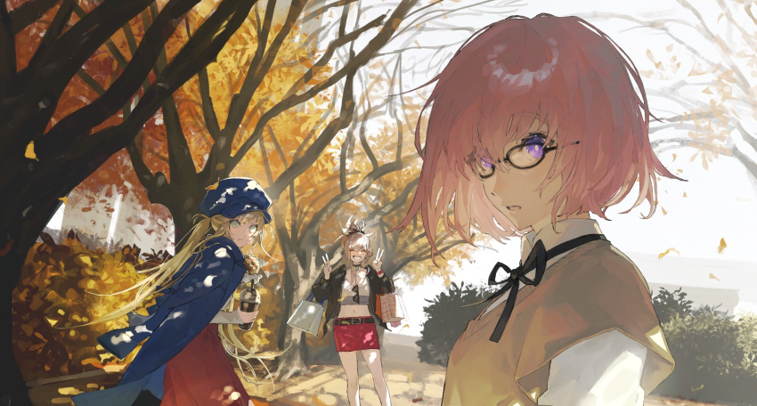 3girls bag belt black-framed_eyewear black_belt black_choker black_ribbon blonde_hair blue_eyes blue_headwear blue_jacket burger bush casual character_request choker cup disposable_cup double_v fate/grand_order fate_(series) food glasses grin highres holding holding_food jacket jacket_on_shoulders long_hair looking_at_viewer low_twintails mash_kyrielight midriff miniskirt miyamoto_musashi_(fate) multiple_girls navel open_mouth outdoors pink_hair red_skirt ribbon shirt shopping_bag short_hair skirt smile standing sunglasses tree twintails uda_(xax_057) v violet_eyes white_shirt