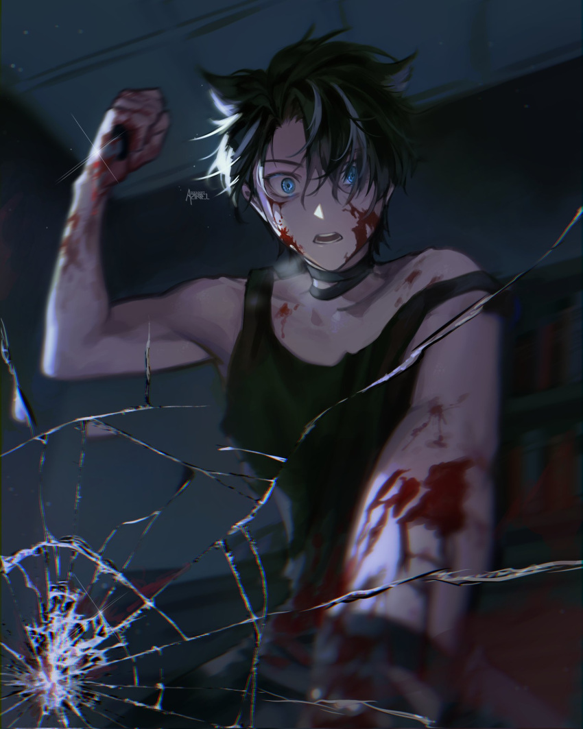 1boy animal_ears bishounen black_hair black_tank_top blood blood_on_face blue_eyes cowboy_shot crack cracked_glass genshin_impact highres holding holding_knife knife male_focus short_hair solo sparkle starbights tank_top wolf_boy wolf_ears wriothesley_(genshin_impact)
