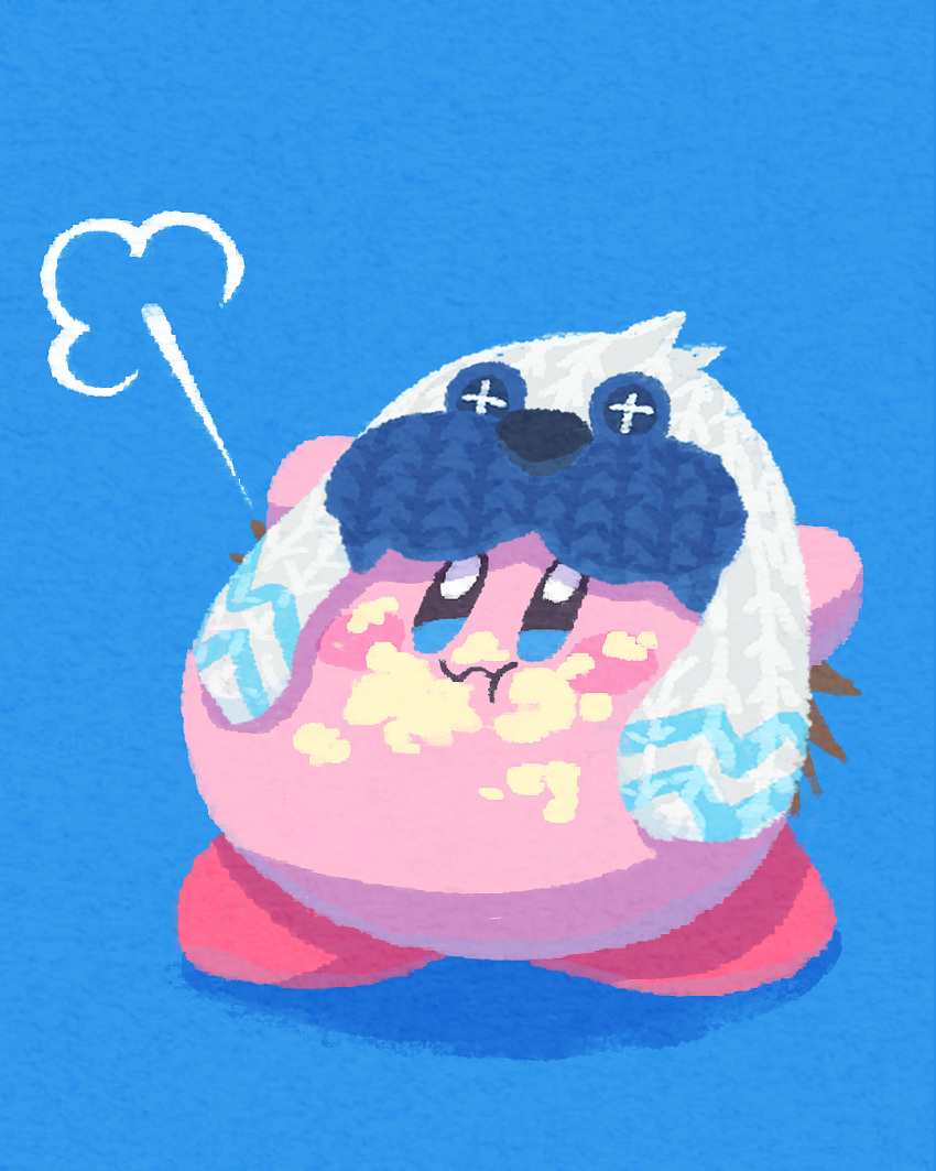 :t blue_background blue_eyes blush_stickers commentary_request copy_ability food food_on_face frosty_ice_kirby hat highres kirby kirby_(series) miclot no_humans pink_footwear shoes simple_background white_headwear
