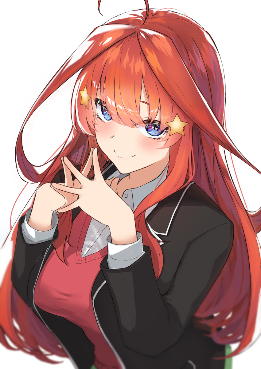 1girl absurdres ahoge akaneiro_(akane_color35) black_jacket blue_eyes blurry blush breasts closed_mouth collared_shirt commentary_request depth_of_field eyebrows_hidden_by_hair eyelashes eyes_visible_through_hair from_above go-toubun_no_hanayome hair_between_eyes hair_ornament hands_up heart heart-shaped_pupils highres jacket large_breasts long_hair long_sleeves looking_at_viewer nakano_itsuki open_clothes open_jacket own_hands_together partial_commentary red_sweater_vest redhead school_uniform shirt sidelighting sidelocks simple_background smile solo split_mouth star_(symbol) star_hair_ornament steepled_fingers sweater_vest symbol-shaped_pupils upper_body very_long_hair white_background white_shirt