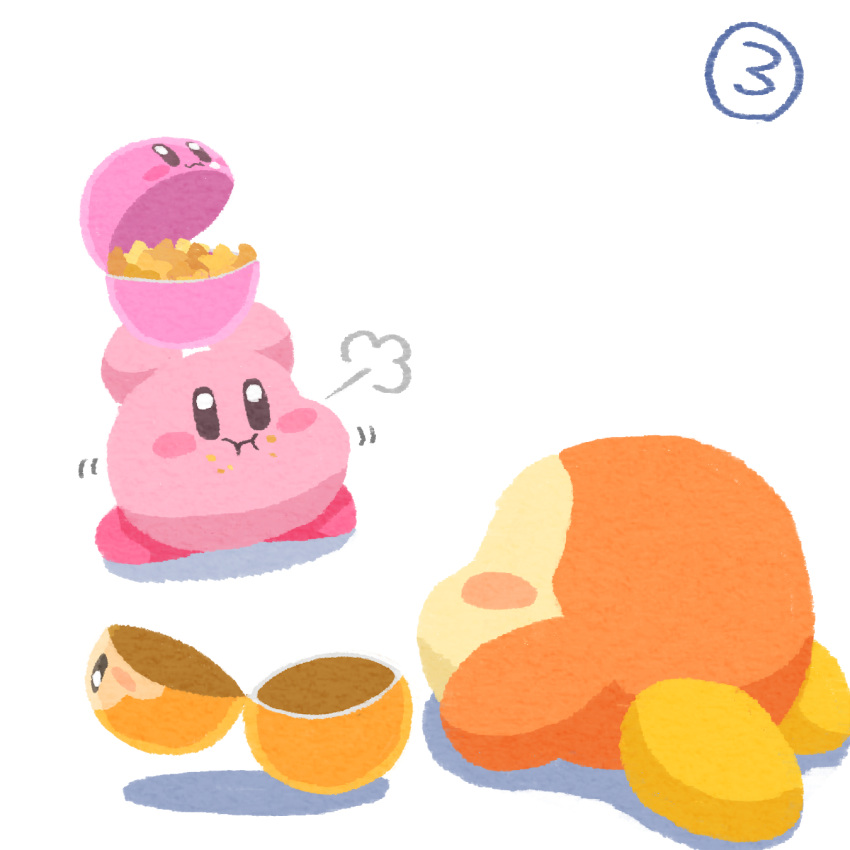 :i =3 blush_stickers eating food highres holding kirby kirby_(series) kirby_cafe miclot no_humans pink_footwear potato_wedges shoes simple_background takeout_container waddle_dee white_background