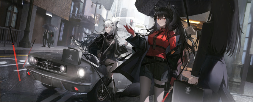 2girls 4others absurdres animal_ear_fluff animal_ears arknights bad_source bare_legs black_coat black_footwear black_hair black_jacket black_pantyhose blue_eyes boots breasts building car coat commentary day ford ford_mustang gloves grey_hair guangborexianzhengfanmang hair_between_eyes hair_ornament hairclip highres jacket lappland_(arknights) long_hair long_sleeves motor_vehicle multiple_girls multiple_others necktie open_clothes open_jacket outdoors pantyhose penguin_logistics_logo rain red_gloves red_shirt scar scar_across_eye scar_on_face shirt shorts sidelocks sky suitcase sword tail texas_(arknights) texas_(willpower)_(arknights) thigh_strap umbrella weapon wide_sleeves window