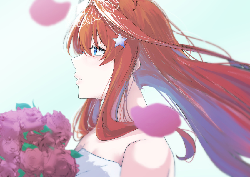 1girl absurdres akaneiro_(akane_color35) bare_shoulders blue_eyes blurry blush bouquet bridal_veil commentary depth_of_field dress eyelashes falling_petals floating_hair flower from_side go-toubun_no_hanayome hair_between_eyes hair_ornament highres holding holding_bouquet light_blue_background lips long_hair looking_afar nakano_itsuki nose parted_lips petals pink_flower pink_rose profile redhead rose sidelocks simple_background solo star_(symbol) star_hair_ornament upper_body veil wedding wedding_dress