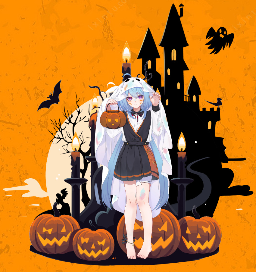 1girl absurdres ahoge alternate_costume animal anklet bandaged_leg bandages bare_tree barefoot bat_(animal) black_dress black_skirt blue_hair blush candle closed_mouth dress fire full_body ghost ghost_costume griseo halloween halloween_bucket halloween_costume happy_halloween highres holding honkai_(series) honkai_impact_3rd incredibly_absurdres jack-o'-lantern jewelry long_hair long_sleeves looking_at_viewer moon orange_background ouya_(pixiv_52685215) pleated_skirt pumpkin ribbon shirt skirt solo standing tree twintails very_long_hair violet_eyes white_shirt