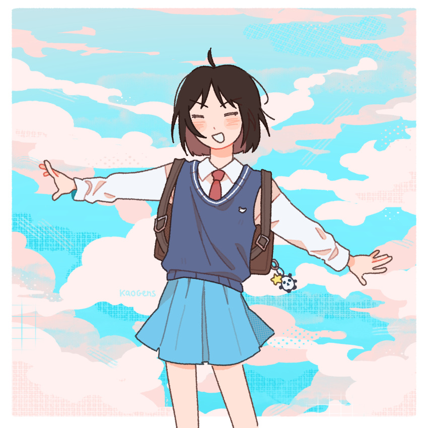 1girl arms_up artist_name bag bag_charm bare_legs black_hair blue_skirt blue_sky blue_sweater_vest blush_stickers border brown_bag charm_(object) clouds cloudy_sky collared_shirt commentary day dot_nose dress_shirt english_commentary facing_viewer feet_out_of_frame highres iwakura_mitsumi kaogens legs_apart long_sleeves necktie outdoors parted_bangs pleated_skirt red_necktie school_bag school_uniform shirt short_hair skip_to_loafer skirt sky smile solo sweater_vest v-shaped_eyebrows white_border white_shirt