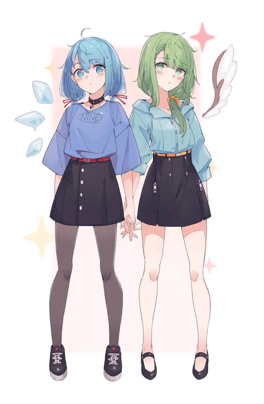 2girls alternate_hairstyle bare_legs black_footwear black_pantyhose black_skirt blue_eyes blue_hair blue_nails blue_shirt blush casual cirno closed_mouth collarbone commission contemporary daiyousei detached_wings fairy fairy_wings fingernails full_body green_eyes green_hair green_nails hair_between_eyes highres holding_hands ice ice_wings legs long_hair low_twintails mary_janes multiple_girls nail_polish o_(crazyoton46) pantyhose shirt shoes short_hair short_sleeves side_ponytail skeb_commission skirt thighs touhou twintails wings