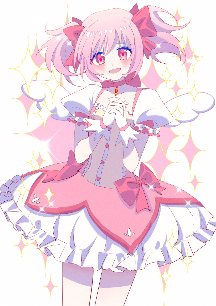 1girl absurdres blush bow bubble_skirt buttons center_frills checkered_ribbon choker collarbone cowboy_shot doily frilled_skirt frilled_sleeves frills glint gloves hair_ribbon hands_up highres interlocked_fingers kaname_madoka light_smile looking_at_viewer mahou_shoujo_madoka_magica mahou_shoujo_madoka_magica_(anime) mini_wings own_hands_clasped own_hands_together parted_lips pastel_colors pink_bow pink_choker pink_eyes pink_hair pink_ribbon pink_theme puffy_short_sleeves puffy_sleeves ribbon shocho_(shaojiujiu) short_sleeves short_twintails sidelocks simple_background skirt solo soul_gem sparkle sparkle_background twintails waist_bow white_background white_gloves white_skirt white_wings wings