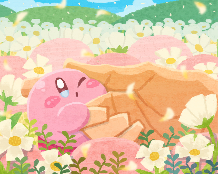 1other blue_eyes blush_stickers disembodied_limb field flower flower_field grass kirby kirby_(series) miclot one_eye_closed open_mouth pink_footwear shoes squishing white_flower