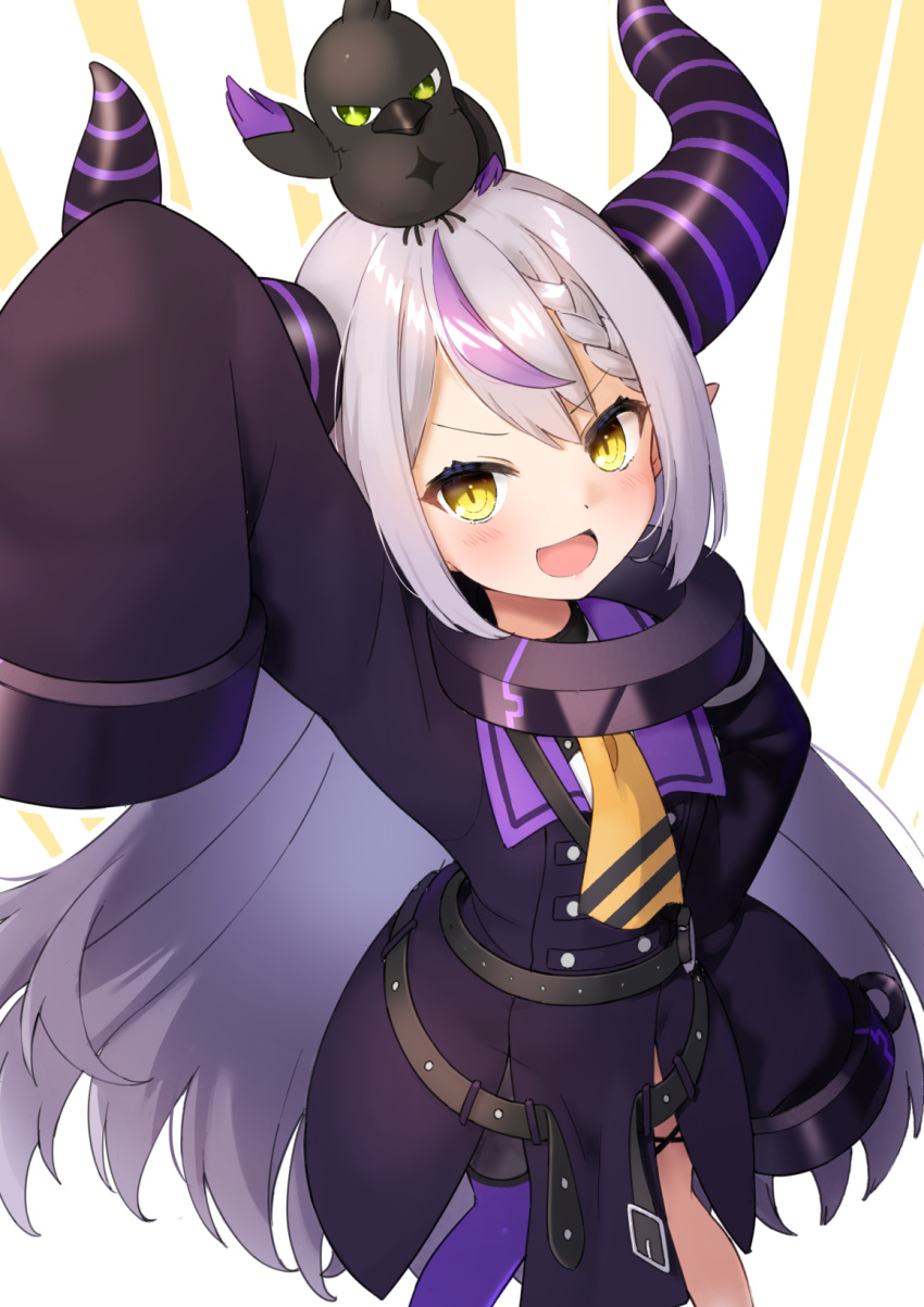 1girl :d animal_on_head arm_up bird bird_on_head blush coat_dress commentary_request crow_(la+_darknesss) faubynet green_eyes grey_hair hand_on_own_hip highres hololive huge_horns la+_darknesss la+_darknesss_(1st_costume) long_hair multicolored_hair neckerchief on_head pointy_ears purple_hair purple_thighhighs single_thighhigh sleeves_past_fingers sleeves_past_wrists smile solo streaked_hair striped_horns thigh-highs very_long_hair virtual_youtuber yellow_eyes yellow_neckerchief