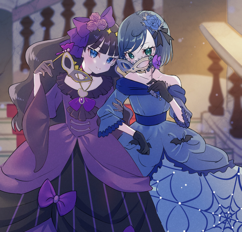 2girls arm_grab bat_ornament black_gloves black_hair blue_dress blue_eyes blue_flower blue_hair blue_rose blunt_bangs blurry blurry_background bob_cut bow choker closed_mouth commentary_request delicious_party_precure depth_of_field dress flower fuwa_kokone gloves green_eyes grey_gloves hair_bow hair_flower hair_ornament halloween halloween_costume head_tilt highres holding holding_mask jewelry kasai_amane long_dress long_hair looking_at_viewer mask masquerade_mask miisu_(minirose) multiple_girls necklace off-shoulder_dress off_shoulder partial_commentary precure print_dress purple_bow purple_choker purple_flower purple_rose rose short_hair side-by-side smile spider_web_print standing