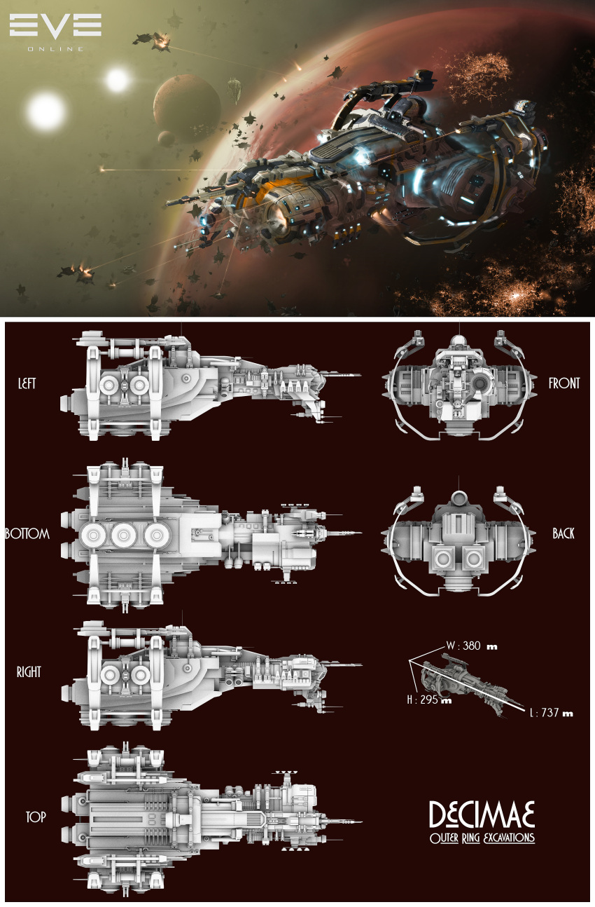 3d absurdres city city_lights commentary concept_art copyright_name debris energy energy_beam eve_online from_side glowing highres in_orbit industrial_ship_(eve_online) logo machinery multiple_views no_humans original outdoors outer_ring_excavations_(eve_online) planet realistic reference_sheet science_fiction space space_station spacecraft star_(sky) trachos vehicle_focus