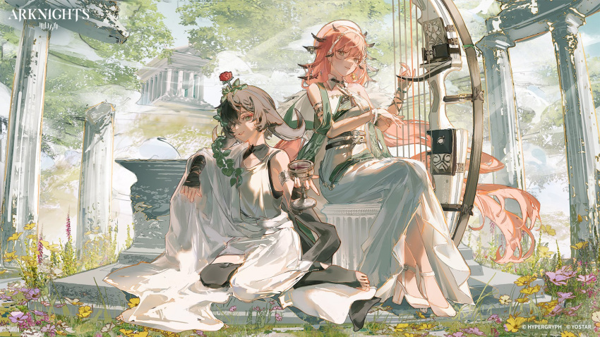 2girls architecture arknights arm_wrap bare_shoulders black_hair bridal_legwear brown_eyes chalice closed_mouth commentary copyright_name cup detached_collar dress duplicate english_commentary erato_(arknights) flower full_body greco-roman_architecture green_eyes green_theme hair_flower hair_ornament harp high_heels highres instrument kei_(keiuu) long_hair medium_hair multiple_girls music no_shoes official_alternate_costume official_art outdoors pallas_(arknights) pallas_(heritage)_(arknights) parted_lips pink_hair playing_instrument rose sitting sleeveless sleeveless_dress toes white_dress white_footwear yokozuwari