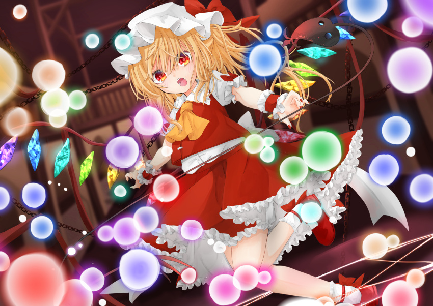 1girl absurdres ankle_bow ascot back_bow blonde_hair bobby_socks bow buttons chain collared_shirt crystal danmaku dress_shirt flandre_scarlet frilled_shirt_collar frilled_skirt frilled_sleeves frills full_body hair_between_eyes hat hat_bow highres indoors laevatein_(touhou) large_bow looking_at_viewer mary_janes medium_hair mob_cap multicolored_wings nail_polish one_side_up open_mouth puffy_short_sleeves puffy_sleeves red_bow red_eyes red_footwear red_nails red_skirt red_vest sabatuki shirt shoes short_sleeves skirt skirt_set socks solo teeth touhou upper_teeth_only vest white_bow white_headwear white_shirt white_socks wings wrist_cuffs yellow_ascot