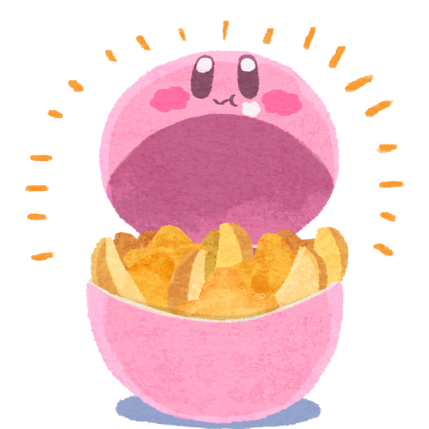 :t blush_stickers food food_focus food_on_face highres kirby kirby_(series) kirby_cafe miclot no_humans notice_lines potato_wedges simple_background takeout_container white_background