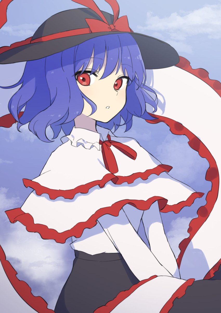144udy 1girl absurdres black_headwear black_skirt blue_hair bow capelet clouds commentary frilled_capelet frills hat hat_bow highres long_sleeves looking_at_viewer nagae_iku outdoors purple_hair red_bow red_eyes shirt short_hair skirt solo touhou white_capelet white_shirt