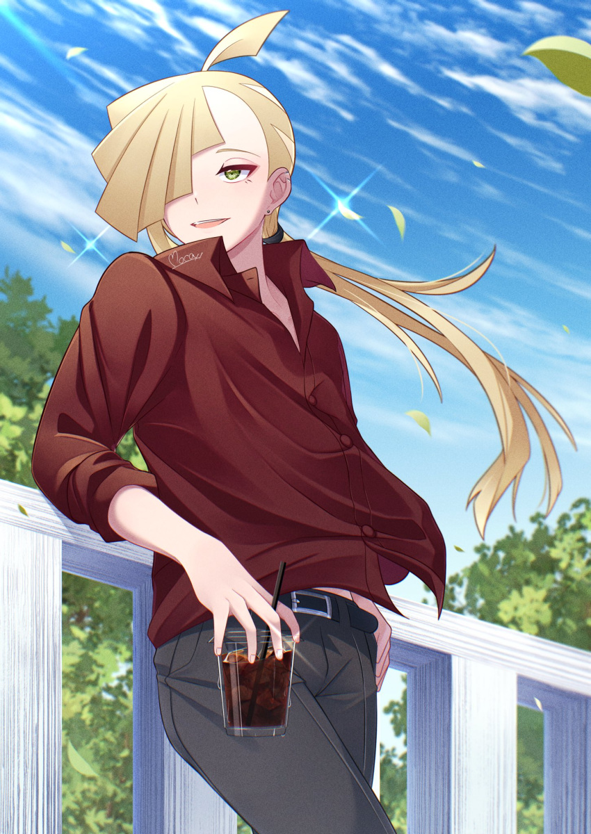 1boy ahoge alternate_costume alternate_hair_length alternate_hairstyle belt blonde_hair clouds collared_shirt cup day drinking_straw fence gladion_(pokemon) green_eyes hair_over_one_eye highres holding holding_cup leaning long_hair looking_to_the_side male_focus mocacoffee_1001 open_mouth outdoors pants pokemon pokemon_(game) pokemon_sm ponytail red_shirt shirt sky smile solo