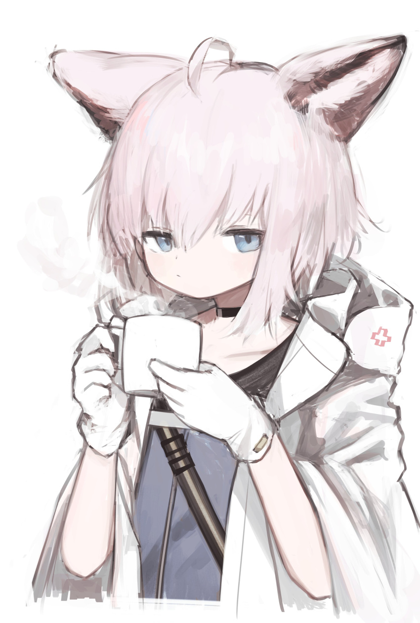 1girl absurdres ahoge animal_ears arknights black_choker blue_eyes choker closed_mouth coat commentary_request cup fox_ears gloves grey_hair grey_jacket hands_up highres holding holding_cup hood hood_down ic_(iccccccccc81) jacket looking_at_viewer mug open_clothes open_coat short_hair simple_background solo steam strap sussurro_(arknights) upper_body white_background white_coat white_gloves