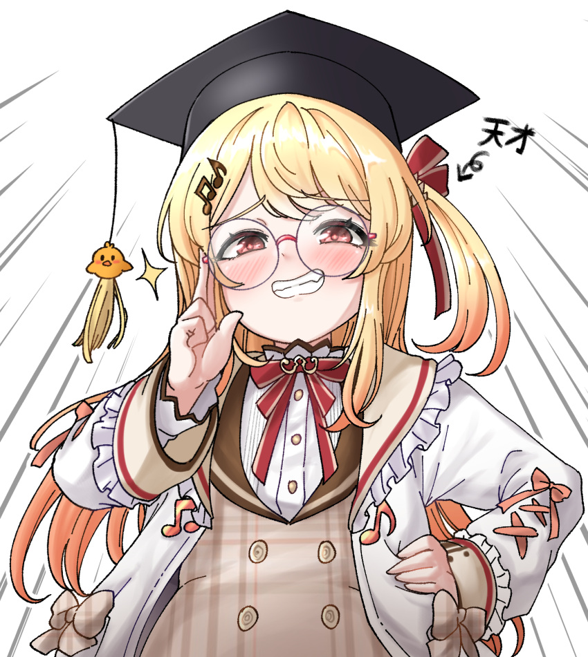 1girl bespectacled blonde_hair carmen_kiruya dress glasses grin hair_ornament hand_on_own_hip hat highres hololive hololive_dev_is jacket long_hair mortarboard musical_note musical_note_hair_ornament otonose_kanade plaid plaid_dress red_eyes smile smug virtual_youtuber white_jacket