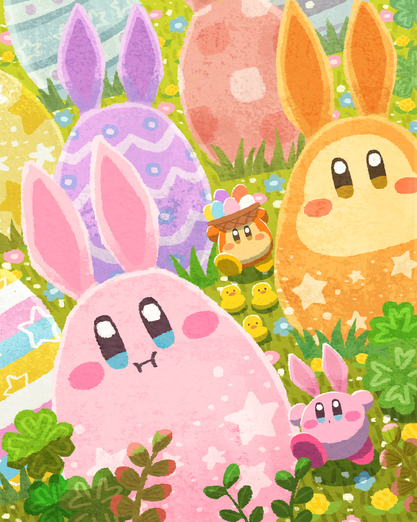 basket bird blue_eyes blush_stickers chick clover colorful easter easter_egg egg four-leaf_clover grass highres holding holding_basket kirby kirby_(series) miclot no_humans open_mouth pink_footwear rabbit shoes waddle_dee yellow_eyes