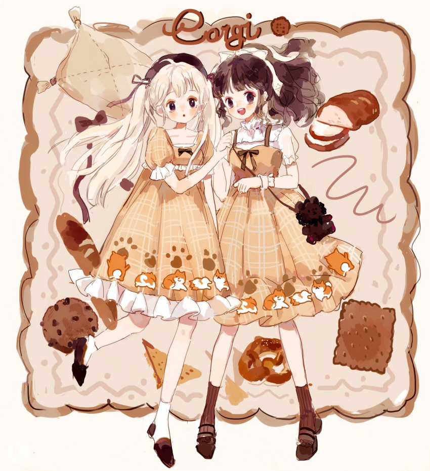 2girls ahoge animal_bag animal_print ankle_socks bag baguette blonde_hair blush_stickers border bow bowtie bread brown_background brown_bag brown_bow brown_bowtie brown_eyes brown_footwear brown_hair brown_headwear brown_ribbon brown_socks chocolate_chip_cookie collarbone collared_shirt commentary cookie dog_print dress empty_eyes english_commentary english_text eyeshadow food frilled_dress frilled_shirt_collar frilled_sleeves frilled_wrist_cuffs frills full_body hair_bow hair_ribbon hat high_collar high_heels highres holding_another's_wrist leg_up lolita_fashion long_hair looking_at_another makeup multiple_girls open_mouth orange_dress original paw_print paw_print_pattern pillow pink_eyeshadow ponytail pretzel puffy_short_sleeves puffy_sleeves putong_xiao_gou ribbon see-through see-through_sleeves shirt short_sleeves shoulder_bag single_wrist_cuff sleeveless sleeveless_dress smile socks striped striped_socks teeth twintails upper_teeth_only vertical-striped_socks vertical_stripes wavy_hair welsh_corgi white_border white_bow white_shirt white_socks white_wrist_cuffs wrist_cuffs