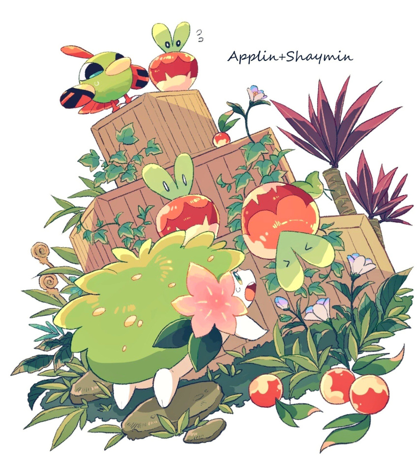 &gt;_&lt; applin berry_(pokemon) character_name chikafuji closed_eyes commentary_request crate falling flower flying_sweatdrops grass green_eyes highres leppa_berry looking_at_another natu no_humans open_mouth pink_flower plant pokemon pokemon_(creature) purple_flower rock shaymin shaymin_(land) simple_background surprised sweatdrop teeth upper_teeth_only vines white_background wide-eyed