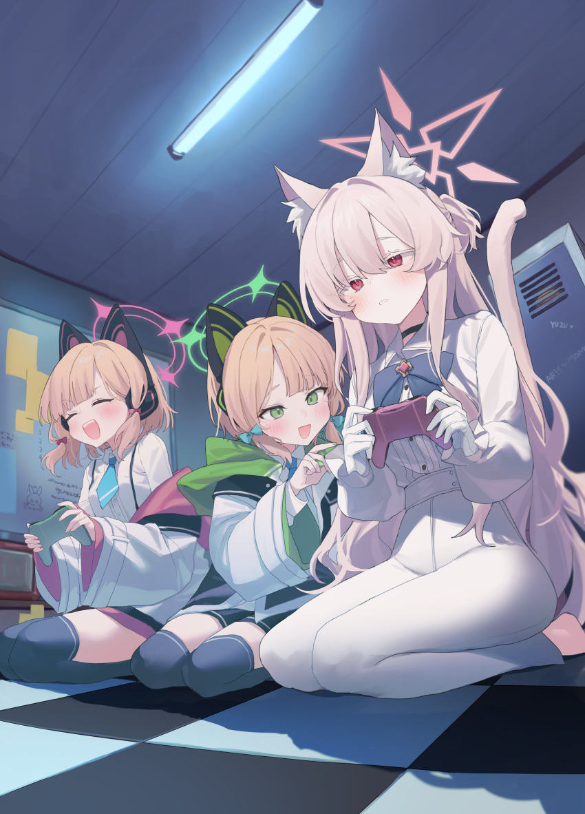 3girls absurdres akira_(blue_archive) animal_ear_fluff animal_ear_headphones animal_ears black_skirt black_thighhighs blue_archive blue_bow blue_necktie blush bow collared_shirt controller danbal fake_animal_ears game_controller gloves green_eyes green_halo hair_bow halo headphones highres holding holding_controller holding_game_controller indoors jacket korean_commentary long_hair long_sleeves midori_(blue_archive) momoi_(blue_archive) multiple_girls necktie open_clothes open_jacket open_mouth pants pink_halo playing_games pleated_skirt red_bow red_eyes shirt short_hair siblings sisters skirt smile thigh-highs twintails two-sided_fabric two-sided_jacket white_gloves white_jacket white_pants white_shirt wide_sleeves
