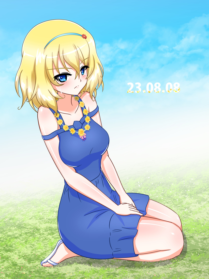 1girl absurdres blonde_hair blue_dress blue_eyes blue_hairband blue_sky blush casual closed_mouth clouds cloudy_sky dated day dress earlobe1514366 flower flower_necklace from_side frown girls_und_panzer grass hairband hands_on_lap highres kneeling looking_at_viewer medium_dress medium_hair messy_hair multi-strapped_dress oshida_(girls_und_panzer) outdoors sandals sky solo sweatdrop white_footwear