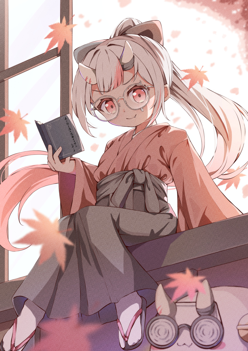&gt;:) 1girl absurdres autumn_leaves black_bow black_footwear black_hakama black_skirt blush bow center-flap_bangs closed_mouth commentary_request fang fang_out geta gradient_hair grey_hair hair_bow hakama hakama_skirt high_ponytail highres hololive horns japanese_clothes kimono kyouwashi leaf long_hair looking_at_viewer maple_leaf multicolored_hair nakiri_ayame oni_horns poyoyo_(nakiri_ayame) red_eyes red_kimono redhead round_eyewear sitting skirt smile solo streaked_hair teardrop-framed_glasses v-shaped_eyebrows virtual_youtuber window_shade